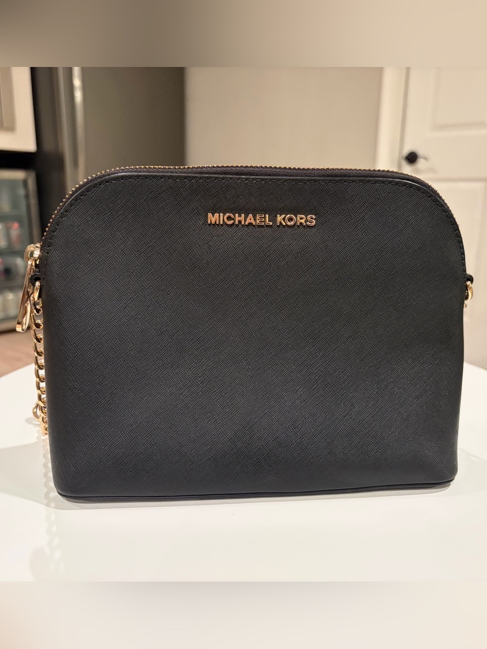 Michael Kors Black Jet Set Crossbody Bag, Gold Logo, Gold Chain